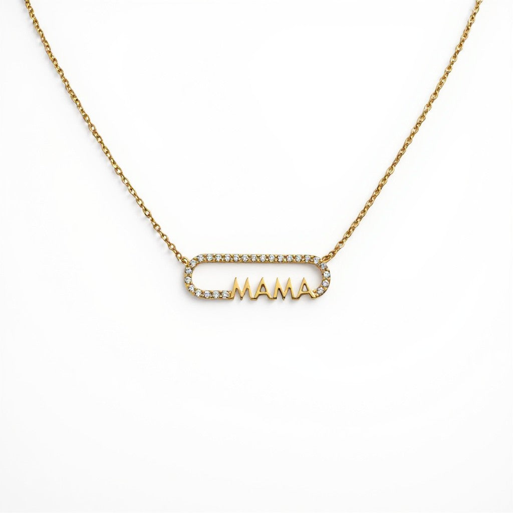 Gold plated steel necklace with "MAMA" pendant, framed by white zircons. 40cm chain with 5cm extension.