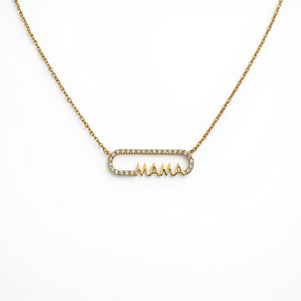 Gold plated steel necklace with "MAMA" pendant, framed by white zircons. 40cm chain with 5cm extension.