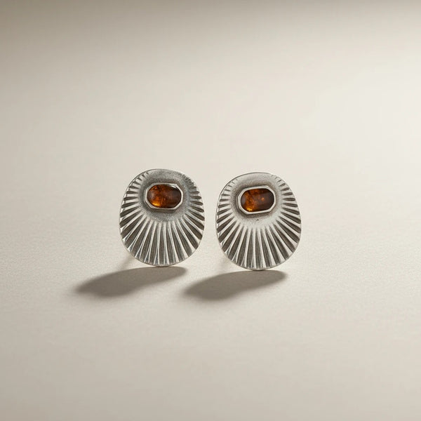 elephantina.gr oval sterling silver stud earrings with amber gemstone and sunburst design