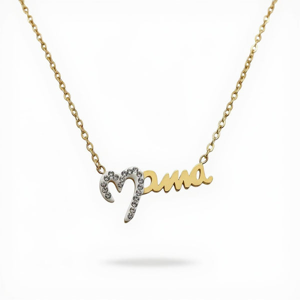 elephantina.gr gold-tone stainless steel necklace with 'Mama' script and a heart accent adorned with cubic zirconia.