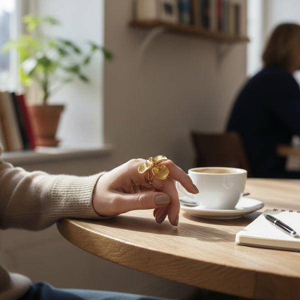 elephantina.gr gold-tone sculptural statement ring with textured petal design worn on a hand at a cafe table