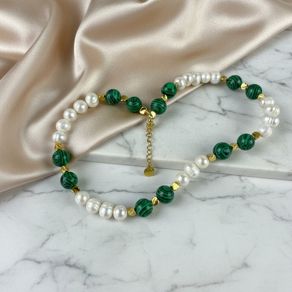 Elephantina.gr handmade necklace with pearls, green malachite beads, and gold-plated brass details. 44cm + 5cm extension.