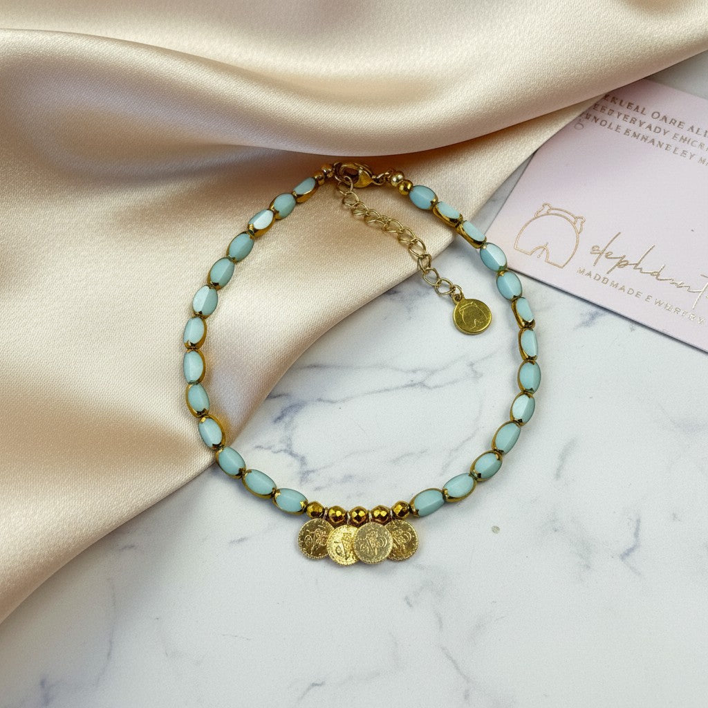 elephantina.gr pale turquoise glass bead anklet with gold coin charms and gold accents
