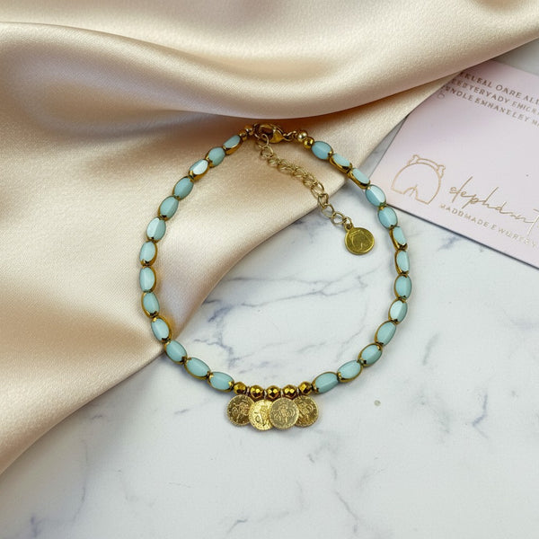 elephantina.gr pale turquoise glass bead anklet with gold coin charms and gold accents