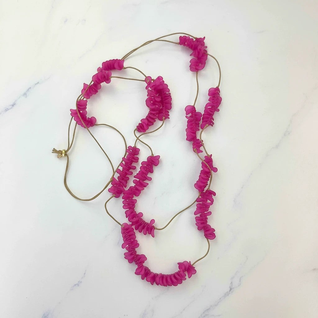 Elephantina.gr long double strand necklace with mini fuchsia petal beads and gold clasp. Handmade acrylic jewelry.