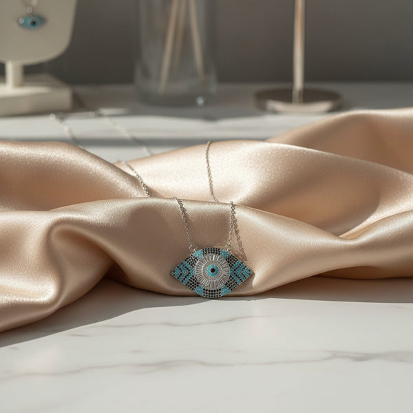 elephantina.gr silver evil eye necklace with turquoise and black zircon details, 40cm+5cm extension
