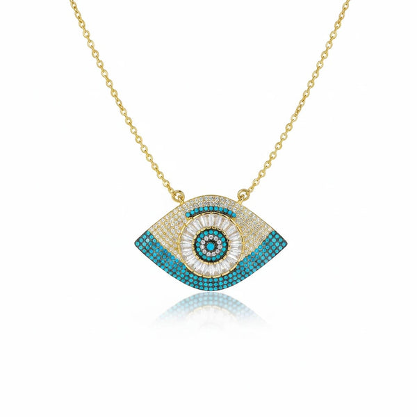 Elephantina.gr gold plated stainless steel evil eye necklace with white and blue zircon and crystals. 40cm + 5cm extension.