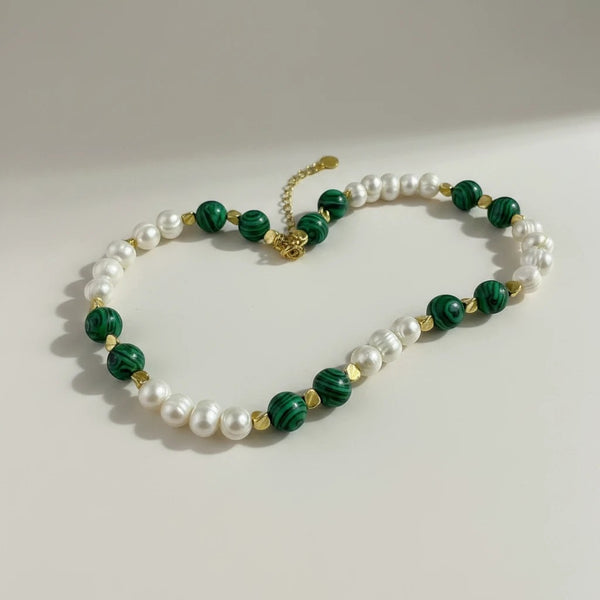 elephantina.gr handmade necklace with white pearls, green malachite beads, and gold-plated brass accents. 44cm + 5cm extension.