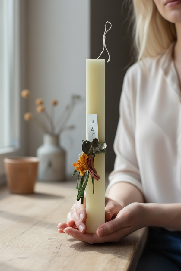 Χειροποίητη Λευκή Λαμπάδα με Πουλάκι-Καρδιά & Φυσικά Υλικά