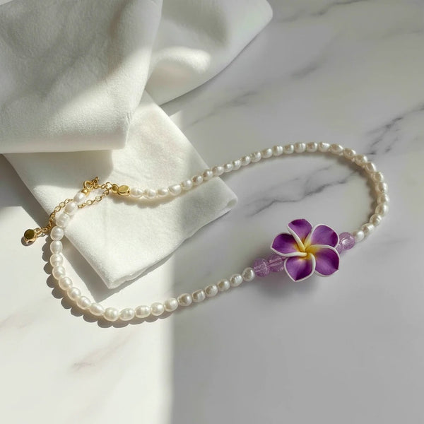 elephantina.gr handmade necklace with white baroque pearls, purple flower charm, and amethyst beads. 40cm + 5cm extension.