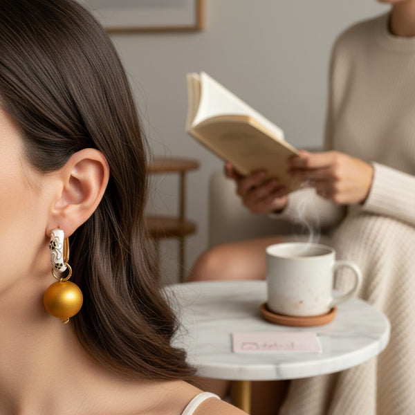elephantina.gr white cloisonné hoop earrings with floral design and large pearl gold beads