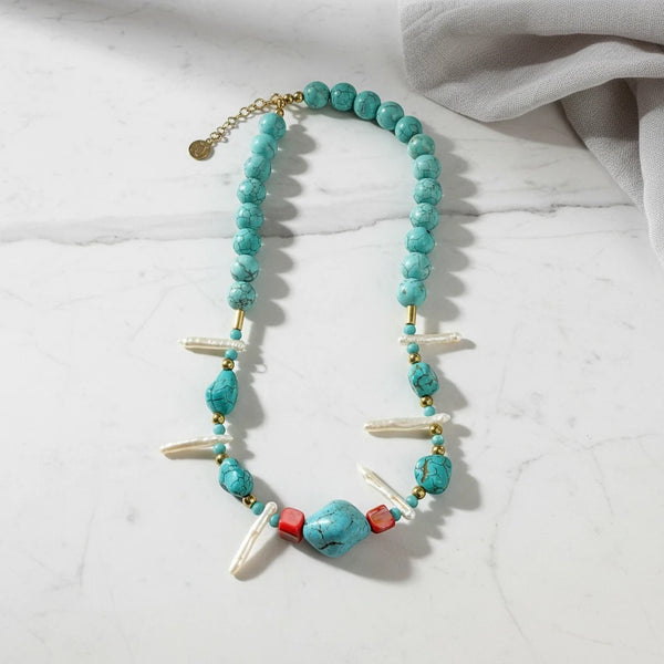 Elephantina.gr turquoise beaded necklace with pearls and coral accents, gold details, 45+5cm extension