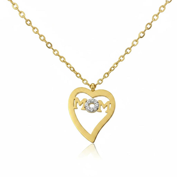 elephantina.gr gold stainless steel necklace with heart pendant spelling MOM with rhinestone detail
