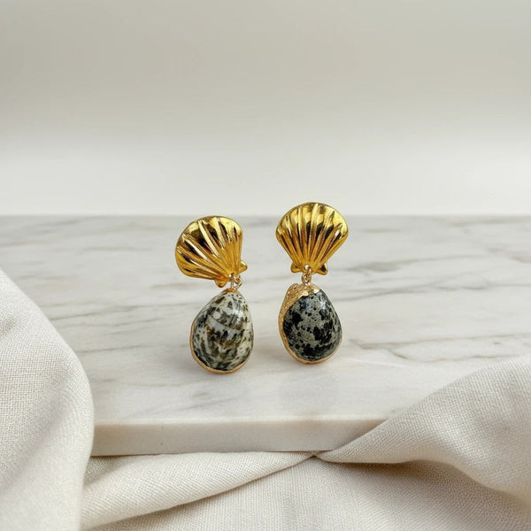 Elephantina.gr gold seashell drop earrings with natural stone pendants, 5.5cm length, statement summer design.