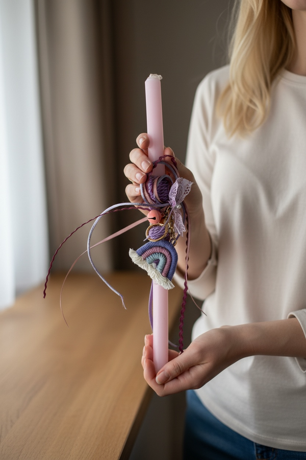 Πασχαλινή Λαμπάδα με Μωβ Κερί & Μπρελόκ Μακραμέ Ουράνιο Τόξο