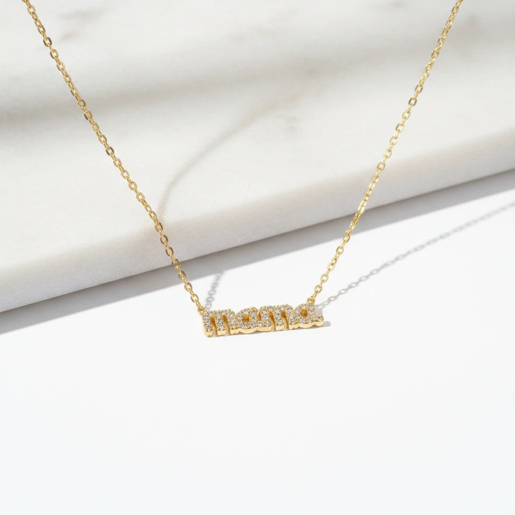 elephantina.gr gold tone necklace with "mama" pendant adorned with white zircons. Delicate and sentimental, ideal gift for mothers.
