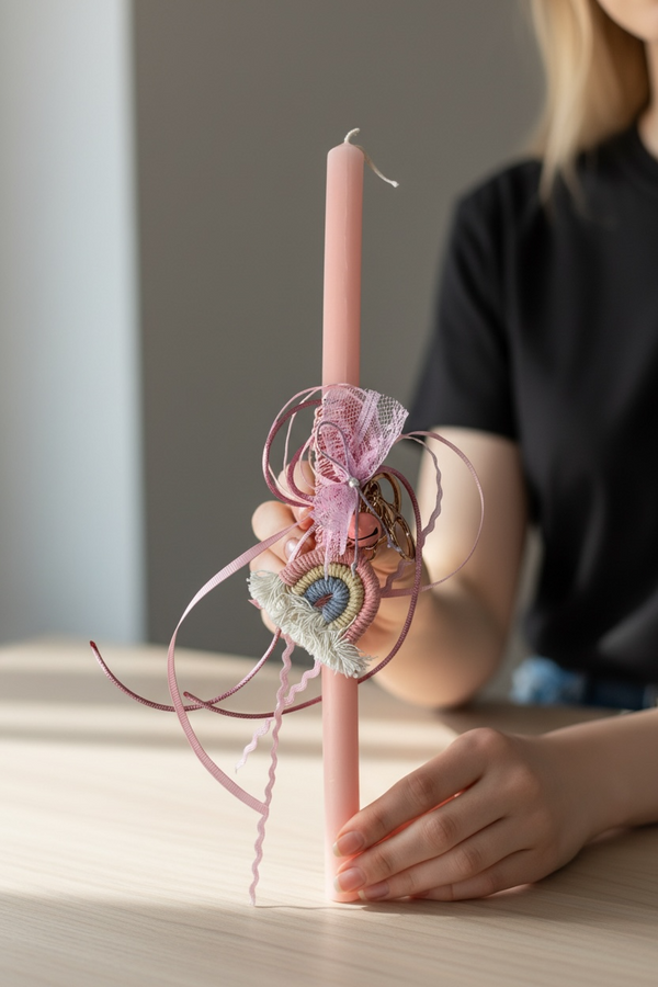 Πασχαλινή Λαμπάδα με Ροζ Κερί & Μπρελόκ Μακραμέ Ουράνιο Τόξο