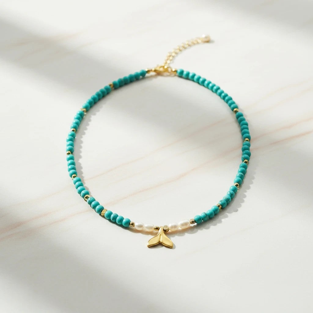 elephantina.gr turquoise beaded necklace with pearl and gold whale tail charm, 40cm + 5cm extension