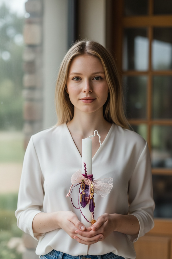 Πασχαλινή Λαμπάδα με Δαντέλα & Μωβ Σκουλαρίκια Σταγόνες Αχάτη