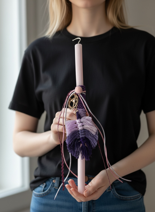 Πασχαλινή Λαμπάδα Μπρελόκ Μωβ Μακραμέ Φτερά & Ροζ Κερί