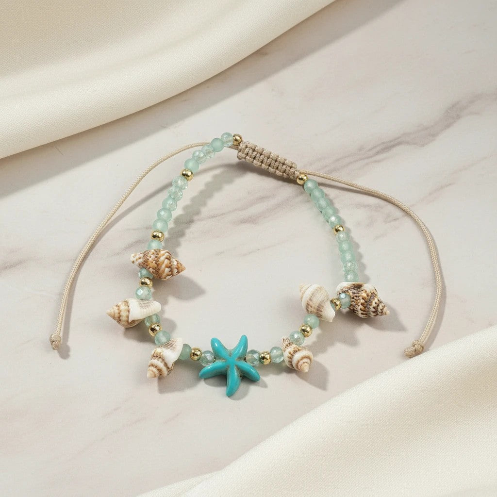 elephantina.gr blue starfish and shell anklet with crystals and 24K gold plated steel clasp