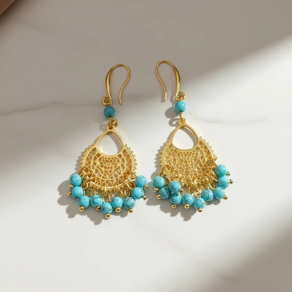 Elephantina.gr gold-plated brass boho earrings with turquoise beads, 7cm length