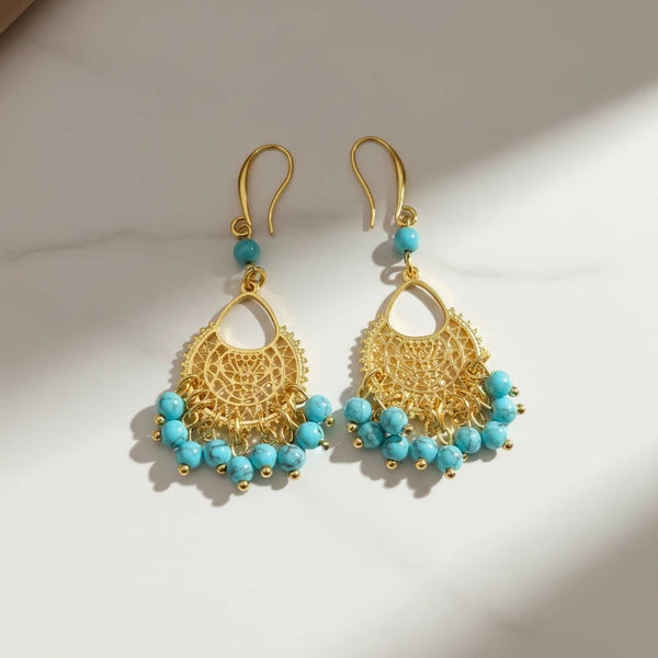 Elephantina.gr gold-plated brass boho earrings with turquoise beads, 7cm length