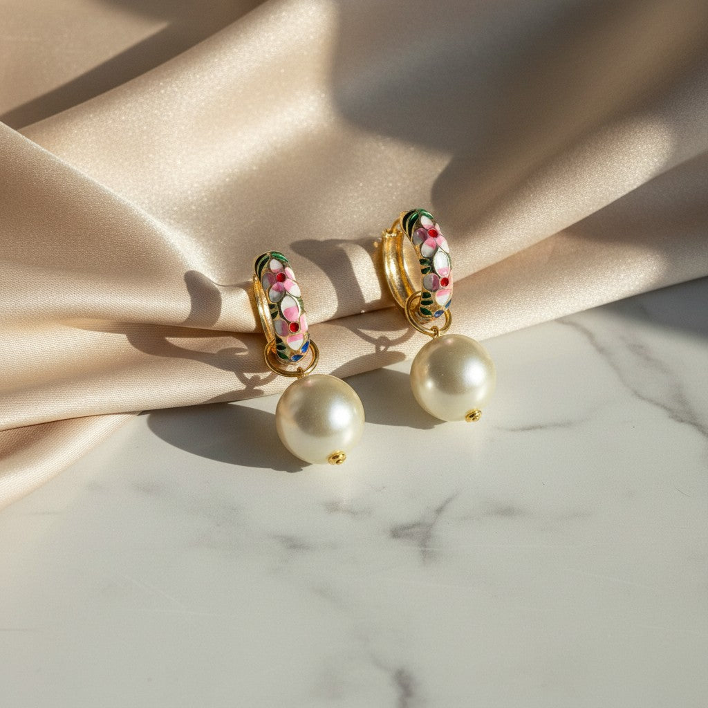 elephantina.gr pink cloisonné hoop earrings with floral design and large pearl beads