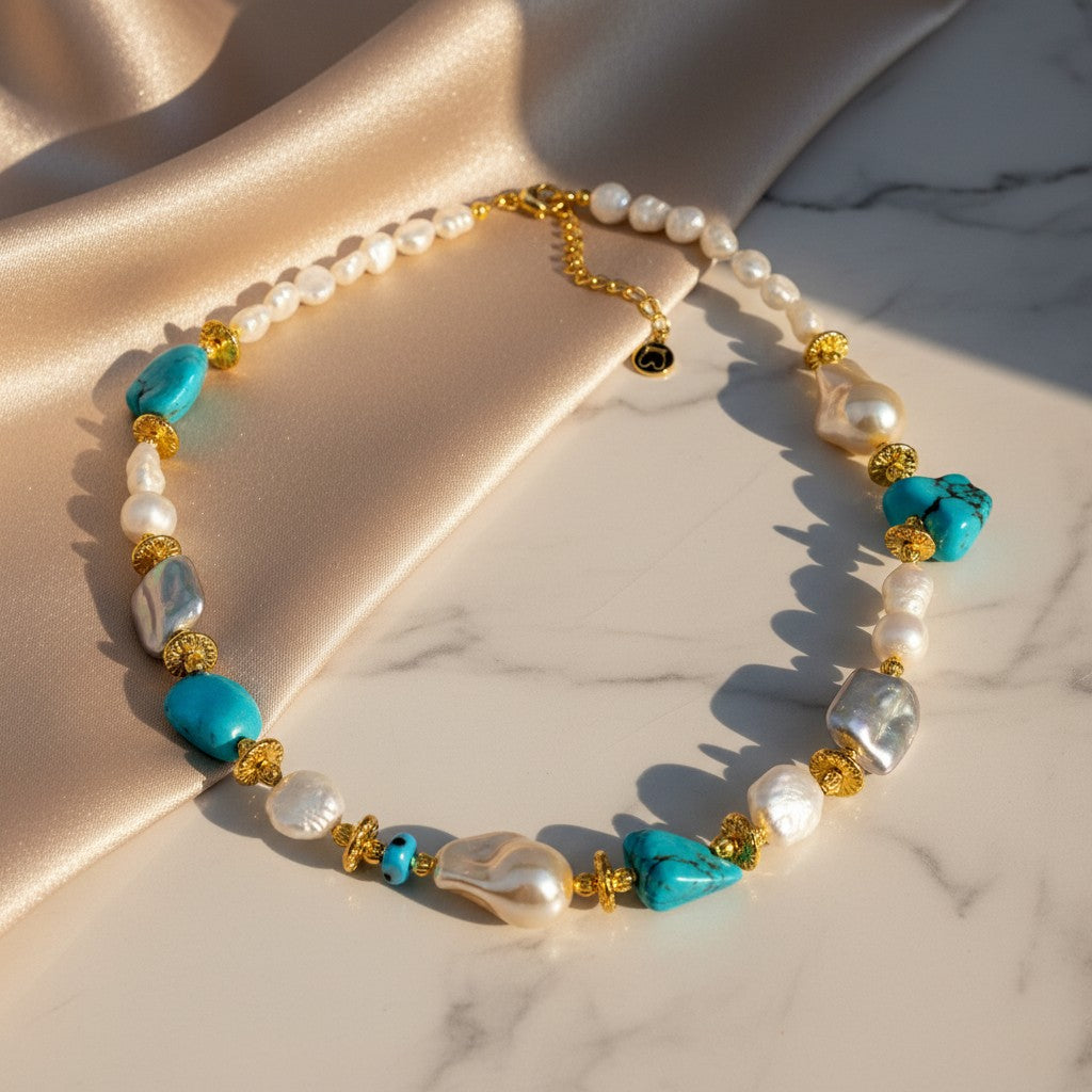 Elephantina.gr necklace with faux pearls, turquoise chalcedony, baroque pearls, and gold-plated elements. "Aegean Glow" design.