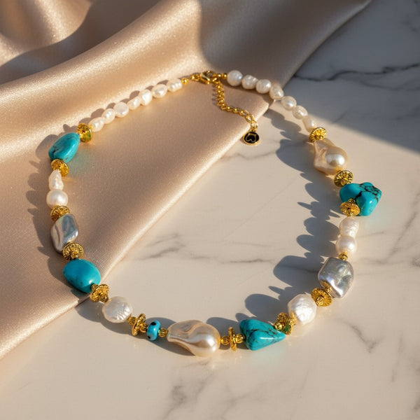 Elephantina.gr necklace with faux pearls, turquoise chalcedony, baroque pearls, and gold-plated elements. "Aegean Glow" design.