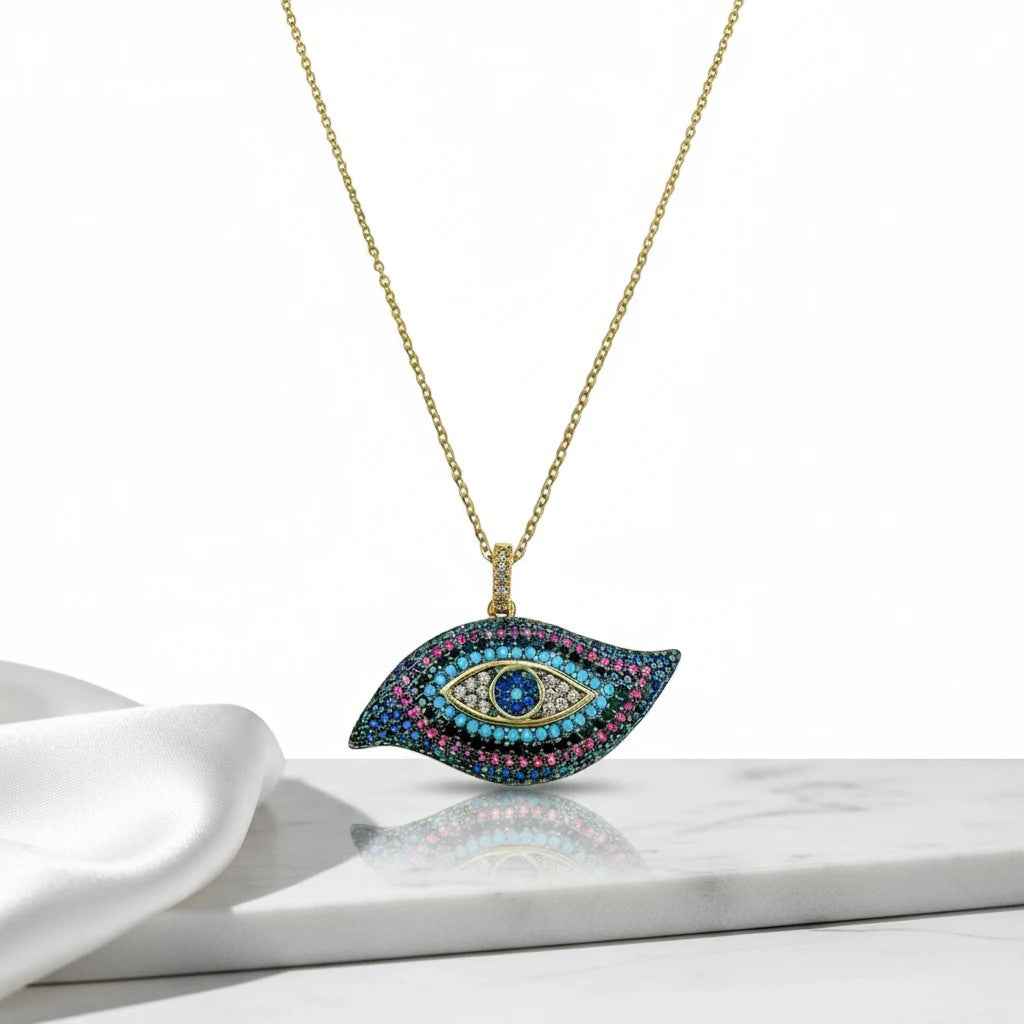 Elephantina.gr gold plated steel chain necklace with a colorful evil eye pendant adorned with zircon and crystals.