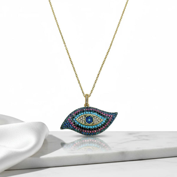Elephantina.gr gold plated steel chain necklace with a colorful evil eye pendant adorned with zircon and crystals.