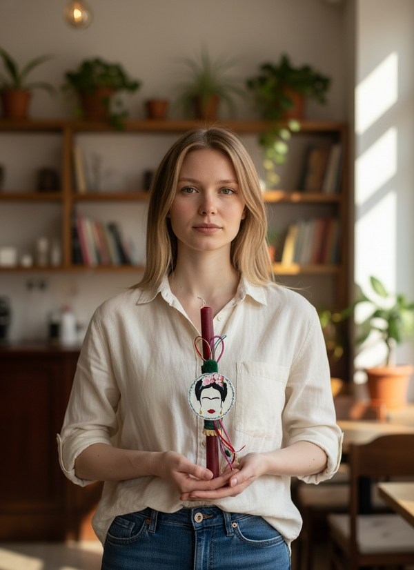 Πασχαλινή Λαμπάδα με Χειροποίητο Πορτραίτο Εμπνευσμένο από τη Frida Kahlo