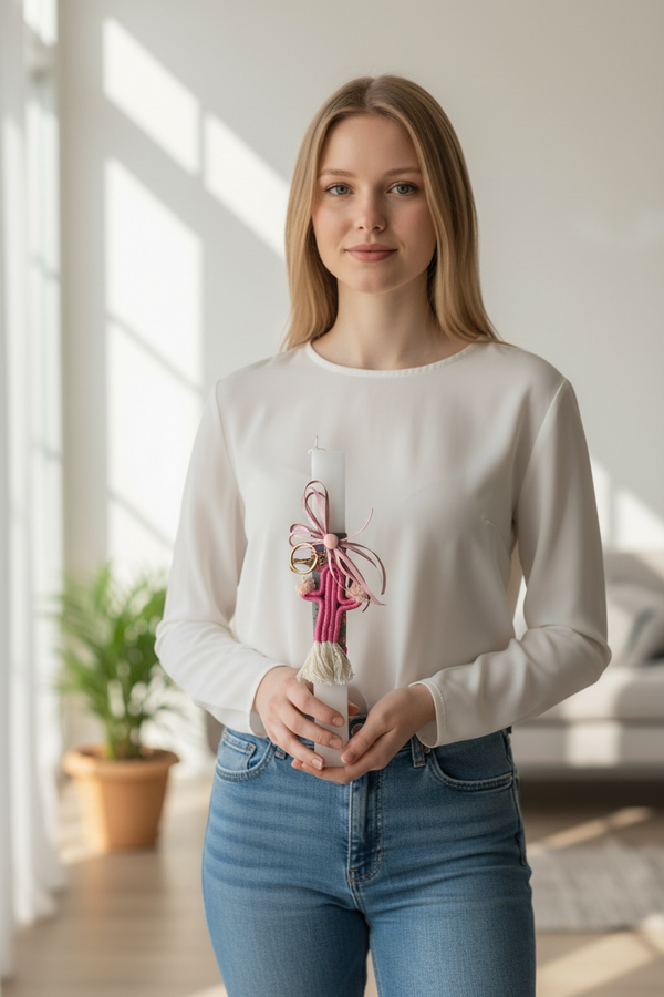 Πασχαλινή Λαμπάδα με Ροζ Υφασμάτινο Κάκτο Μπρελόκ