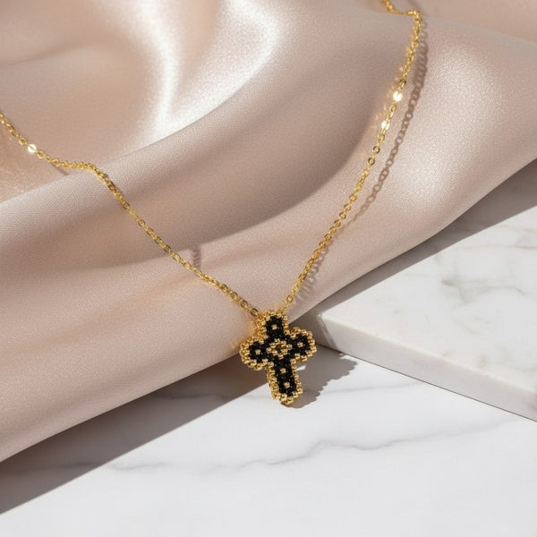 elephantina.gr black Miyuki beaded cross necklace with gold chain, stainless steel.