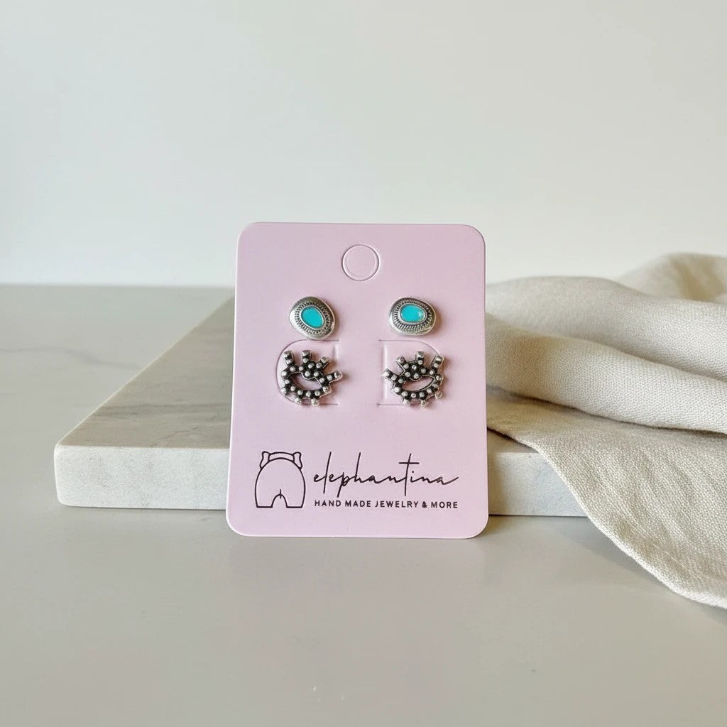 Set of 3 handmade elephantina.gr turquoise stud earrings with silver-tone bezels and Native American-inspired designs.