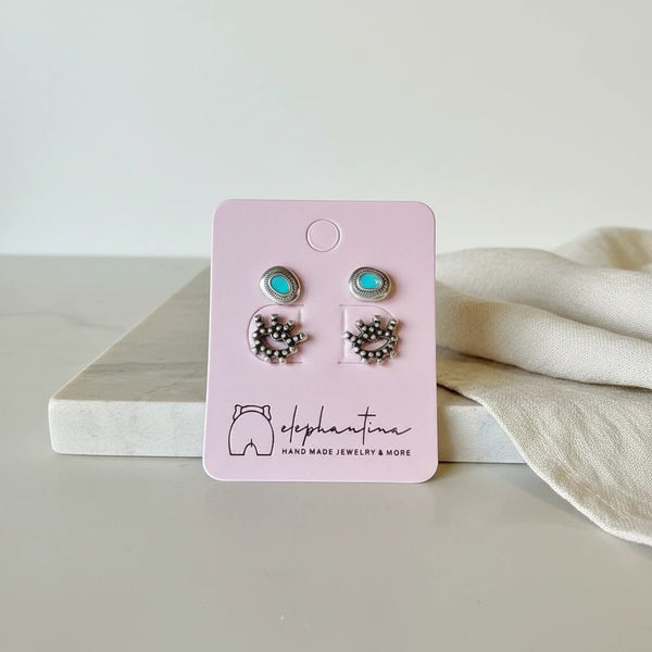 Set of 3 handmade elephantina.gr turquoise stud earrings with silver-tone bezels and Native American-inspired designs.