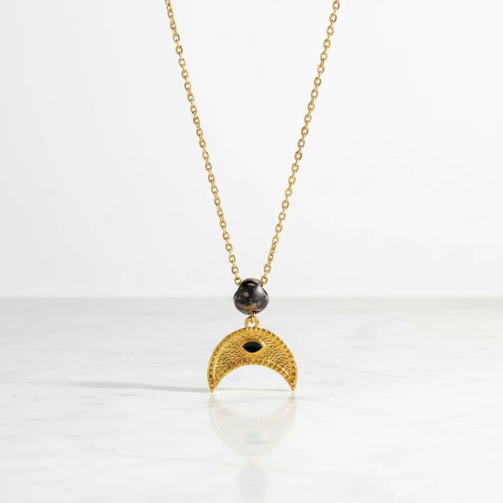 elephantina.gr gold plated crescent moon necklace with black stone and enamel detail, 40cm+5cm extension