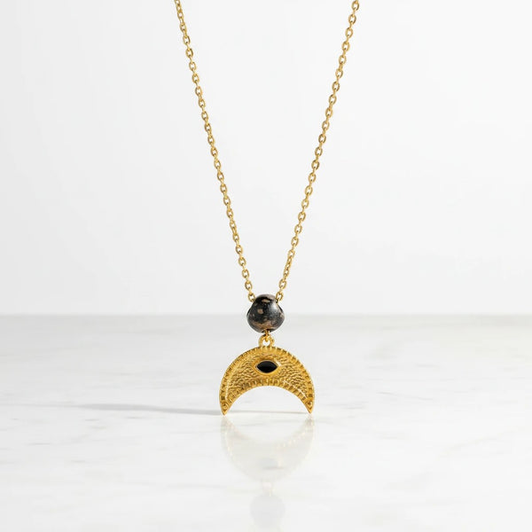 elephantina.gr gold plated crescent moon necklace with black stone and enamel detail, 40cm+5cm extension