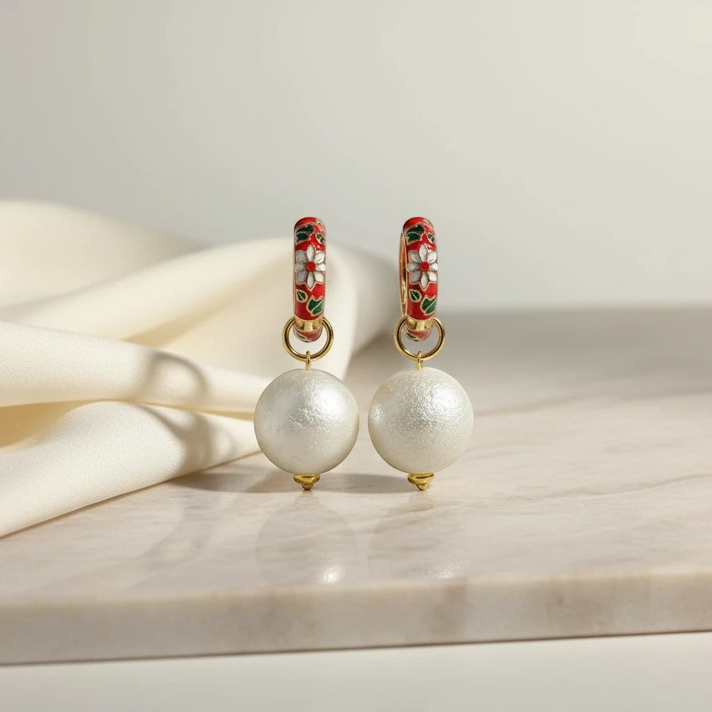 Elephantina.gr cloisonné hoop earrings with red floral design and large pearl beads, 4cm
