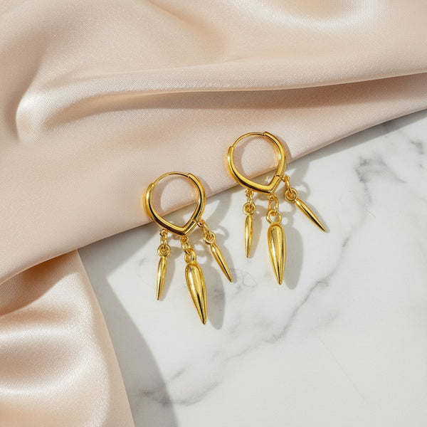 elephantina.gr gold hoop earrings with dangling spikes, 3cm length, modern design