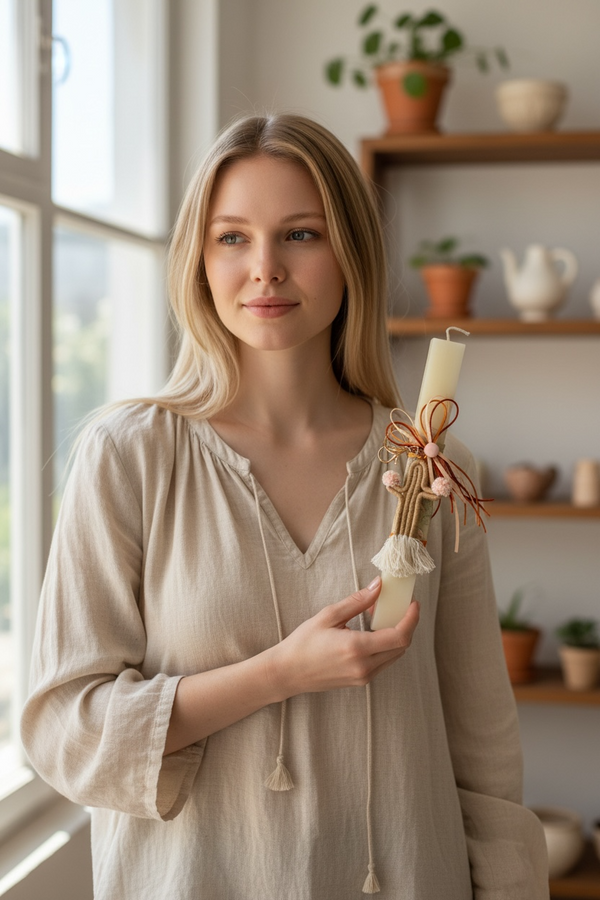 Πασχαλινή Λαμπάδα με Μπεζ Υφασμάτινο Κάκτο Μπρελόκ