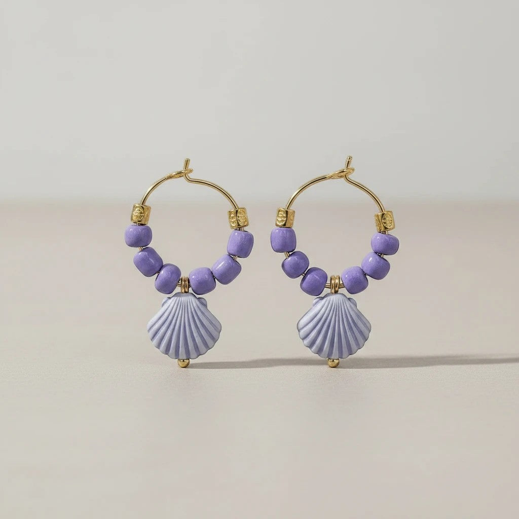 elephantina.gr handmade hoop earrings with purple ceramic beads and shell charms, gold-plated brass details.