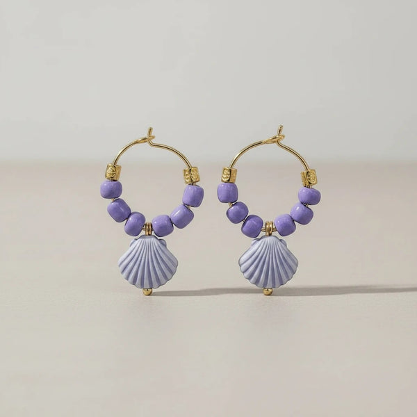 elephantina.gr handmade hoop earrings with purple ceramic beads and shell charms, gold-plated brass details.