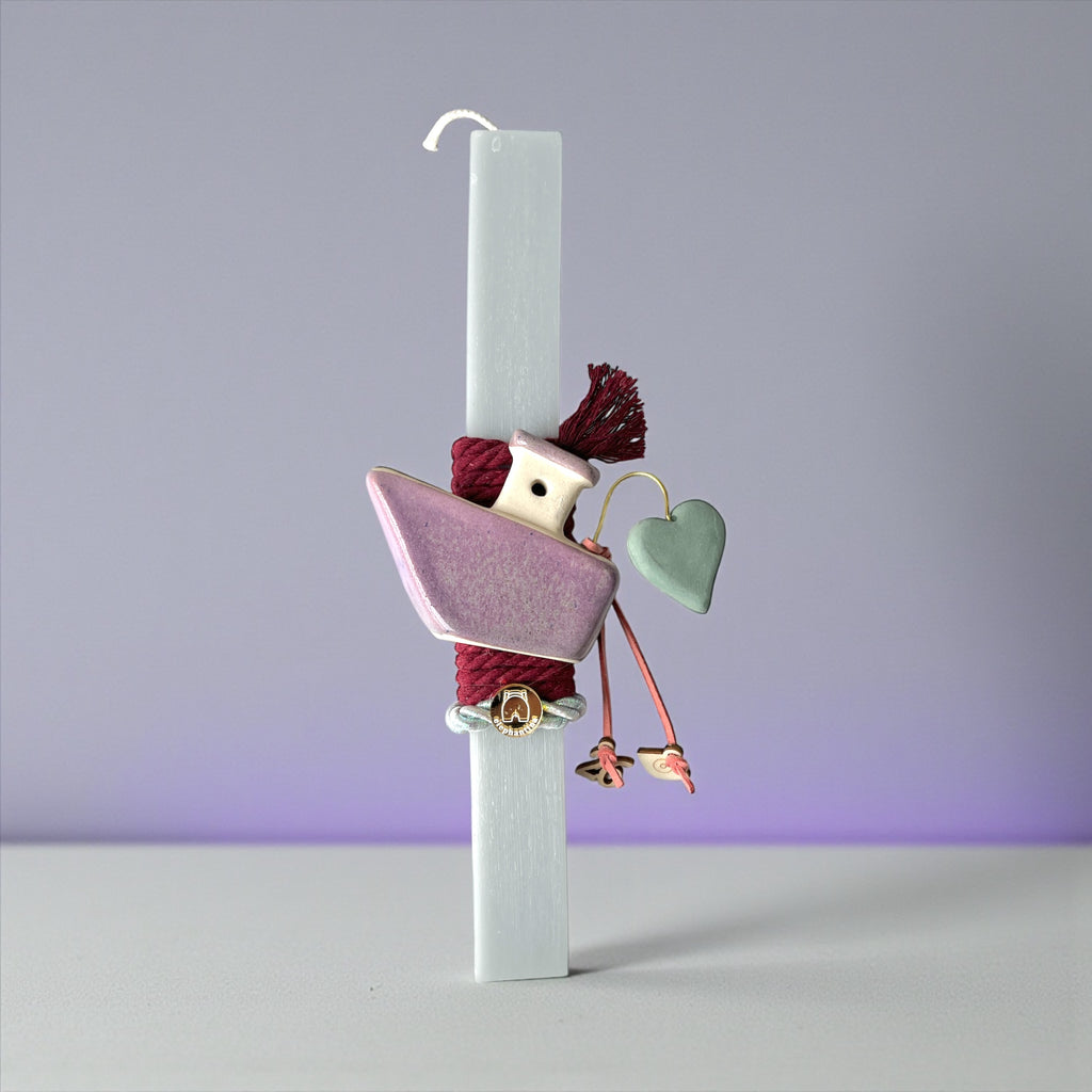 Πασχαλινή Λαμπάδα με Κεραμικό Διακοσμητικό Καραβάκι & Καρδιά