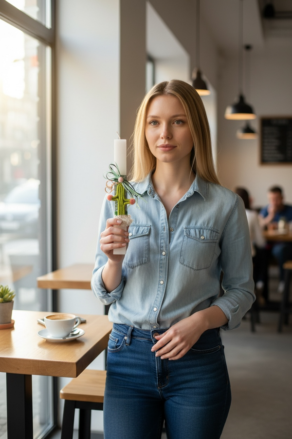 Πασχαλινή Λαμπάδα με Λαχανί Υφασμάτινο Κάκτο Μπρελόκ