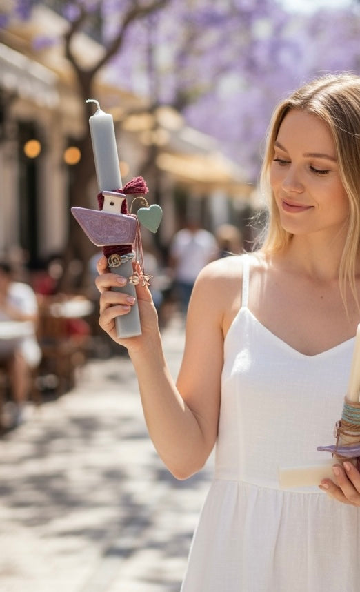 Πασχαλινή Λαμπάδα με Κεραμικό Διακοσμητικό Καραβάκι & Καρδιά