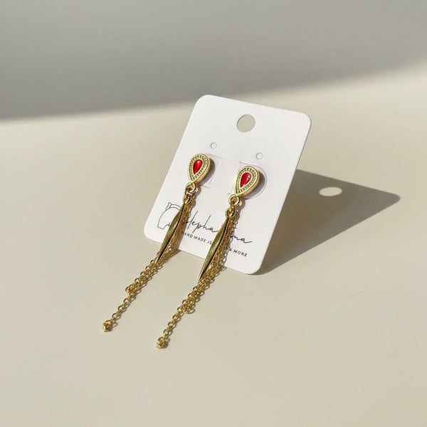 Gold teardrop dangle earrings with red enamel inlay and cascading chains from elephantina.gr