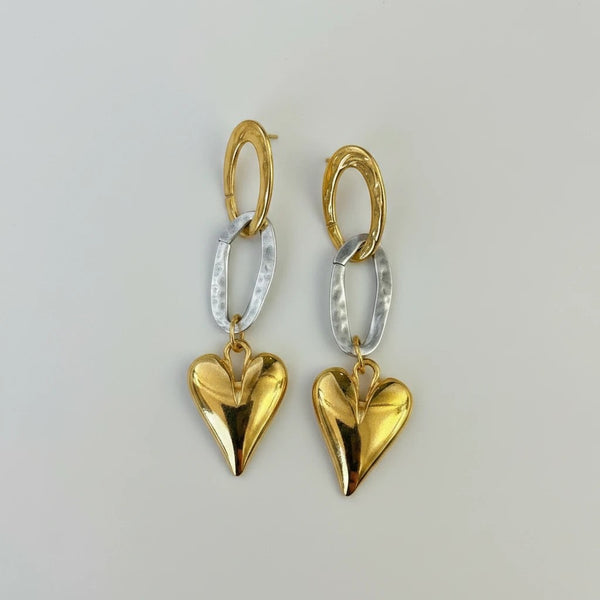 Elephantina.gr gold and silver plated brass heart drop earrings, 9cm long, with oval links and hammered texture.