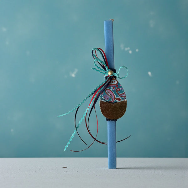 Πασχαλινή Λαμπάδα Αβγό Με Μπλε Ύφασμα & Πολύχρωμες Κορδέλες